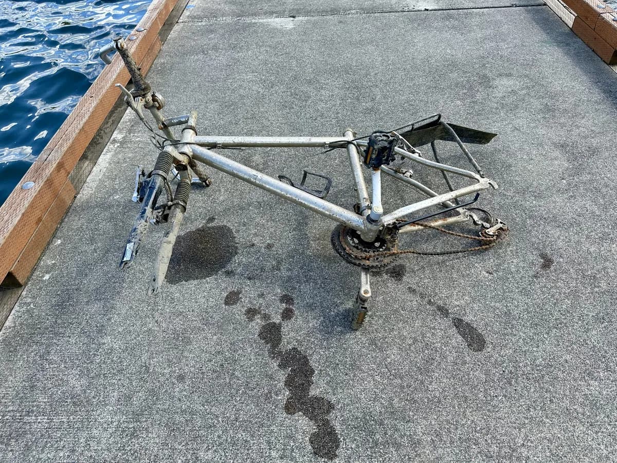 A mud-caked bike frame pulled from the Willamette River