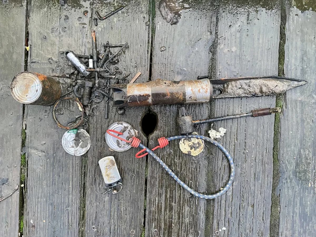 Tools, bolts, a knife, and a key fob — a lost toolbox recovered at Sauvie Island