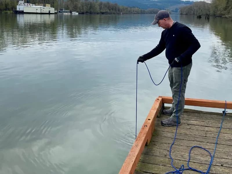Will Flaiz, founder of MagnetFishingIsFun.com, magnet fishing on the Willamette River in Portland, Oregon